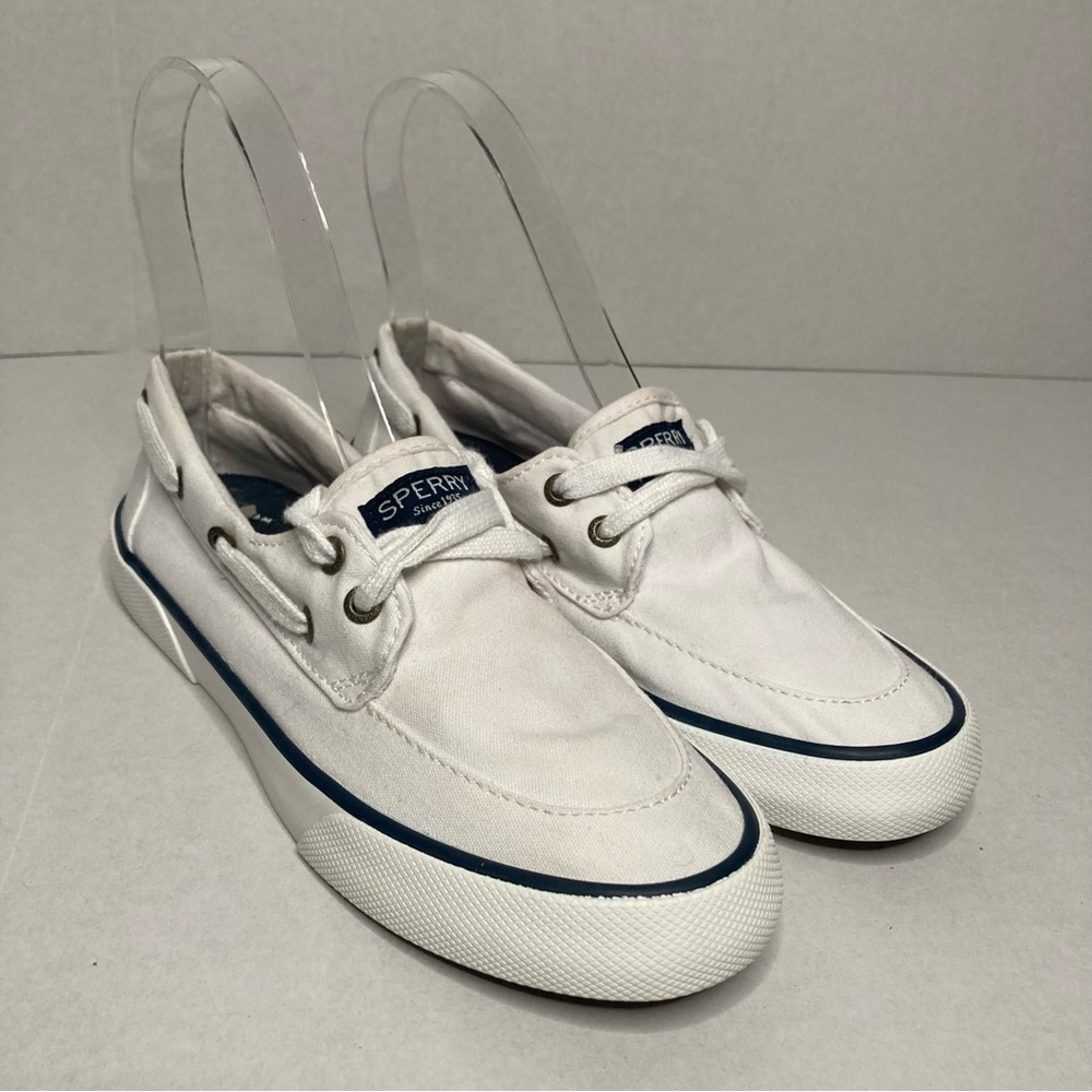 Sperry White Canvas Boat Shoes with Navy Trim